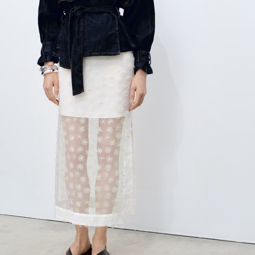 Mango Sheer Cream Midi Skirt